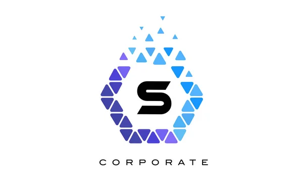 S Blue Hexagon Letter Logo with Triangles. — Stock Vector