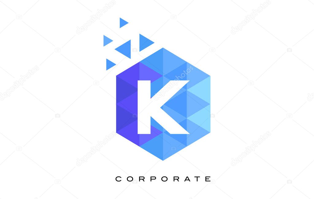 K Blue Hexagonal Letter Logo Design with Mosaic Blue Pattern.