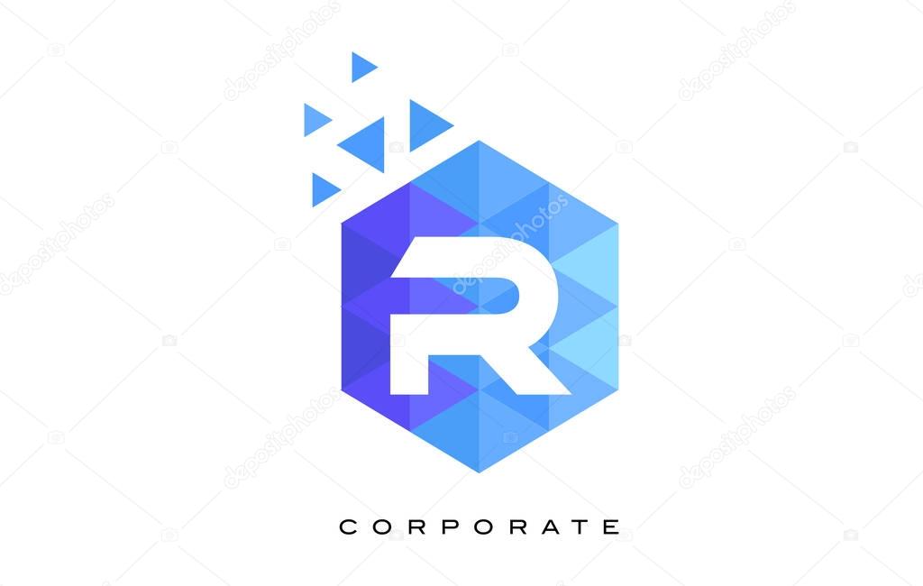 R Blue Hexagonal Letter Logo Design with Mosaic Blue Pattern.