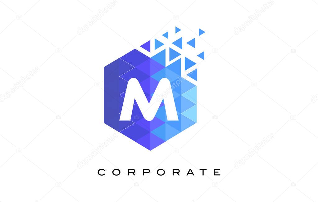 M Blue Hexagonal Letter Logo Design with Mosaic Blue Pattern.