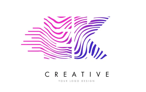 EK E K Zebra Lines Letter Logo Design with Magenta Colors — Stock Vector