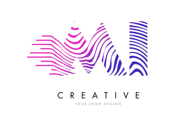 MI M I Zebra Lines Letter Logo Design with Magenta Colors — Stock Vector