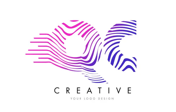 QC Q C Zebra Lines Lettre Logo Design avec des couleurs magenta — Image vectorielle