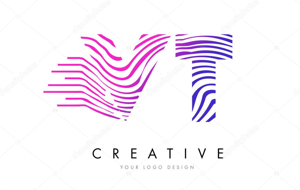 VT V T Zebra Lines Letter Logo Design with Magenta Colors