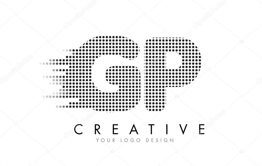 GP G P Letter Logo Design with Black Dots and Bubble Trails.