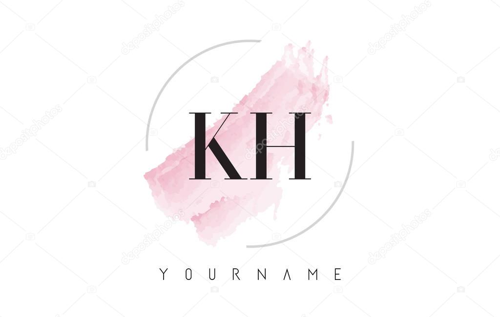 KH K H Watercolor Letter Logo Design with Circular Shape and Pastel Pink Brush.