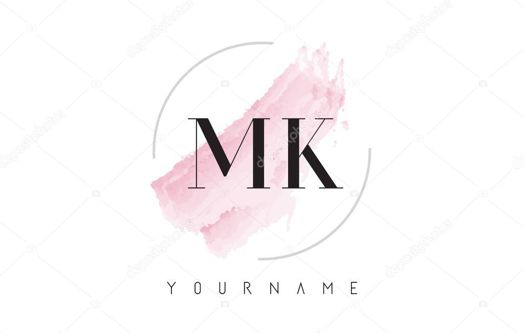 MK M K Watercolor Letter Logo Design with Circular Shape and Pastel Pink Brush.