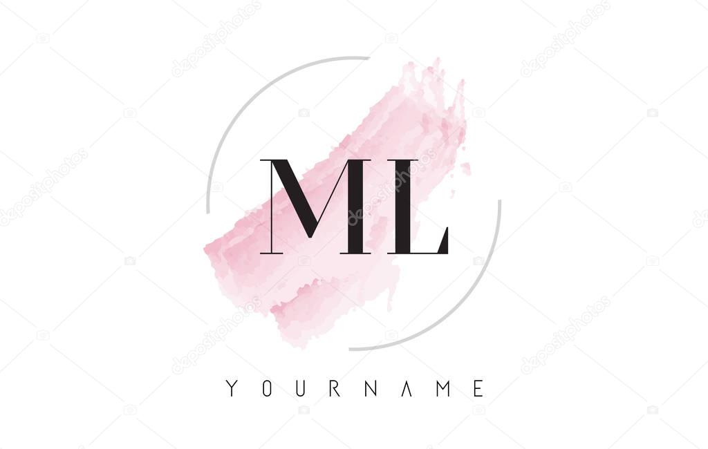 ML M L Watercolor Letter Logo Design with Circular Shape and Pastel Pink Brush.