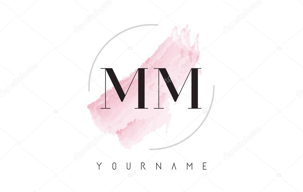 MM M M Watercolor Letter Logo Design with Circular Shape and Pastel Pink Brush.