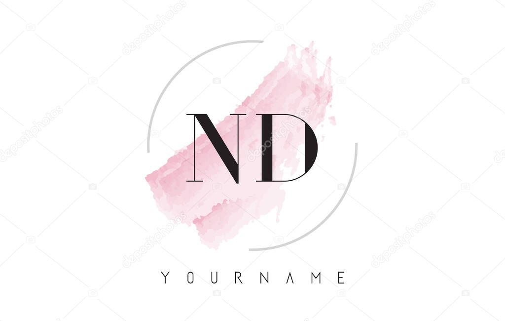 ND N D Watercolor Letter Logo Design with Circular Shape and Pastel Pink Brush.