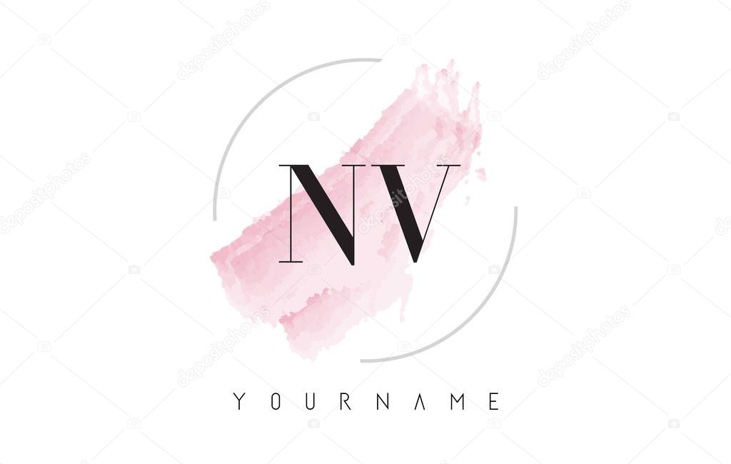 NV N V Watercolor Letter Logo Design with Circular Shape and Pastel Pink Brush.