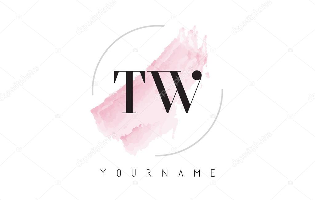 TW T W Watercolor Letter Logo Design with Circular Shape and Pastel Pink Brush.