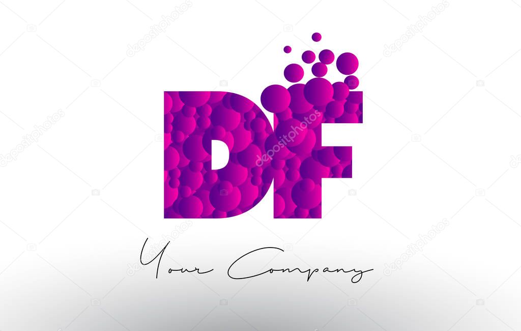 DF D F Dots Letter Logo with Purple Bubbles Texture.