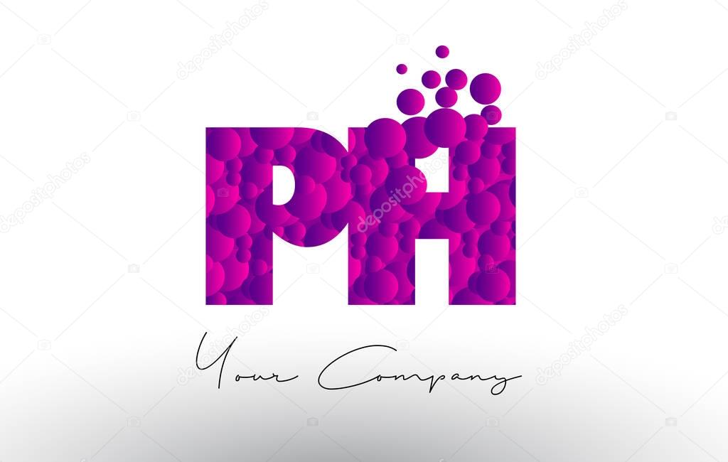 PH P H Dots Letter Logo with Purple Pink Magenta Bubbles Texture Vector.