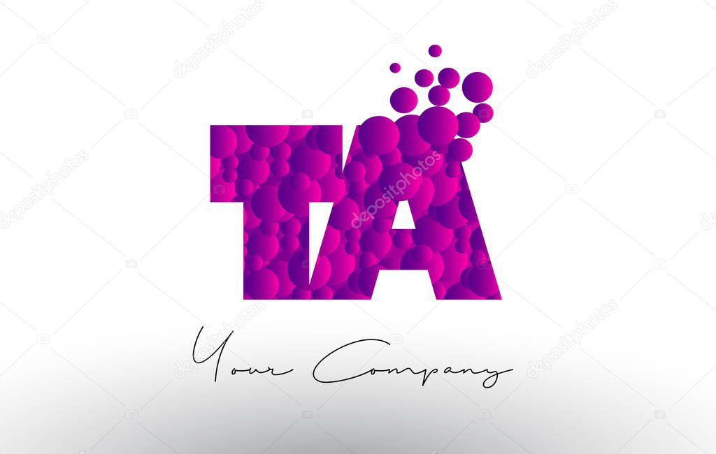 TA T A Dots Letter Logo with Purple Bubbles Texture.