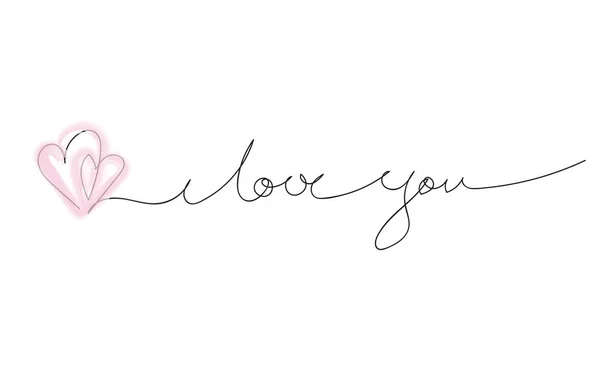 I Love You continuous line with two pink hearts. — Stockový vektor