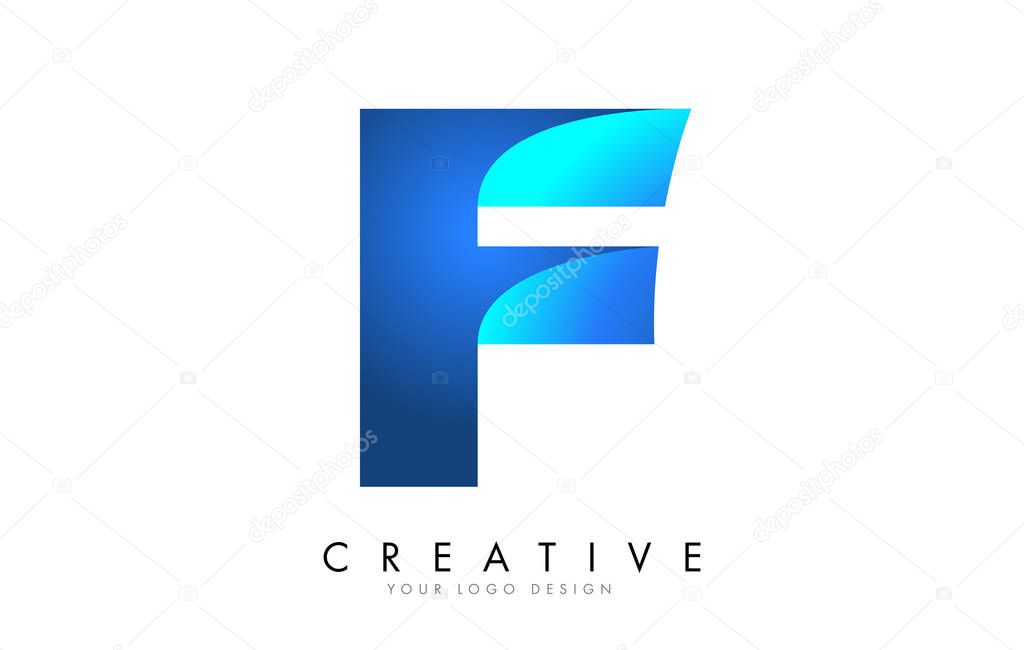F Letter Logo Design with 3D and Ribbon Effect and Blue Gradient. Colorful rounded Letter.