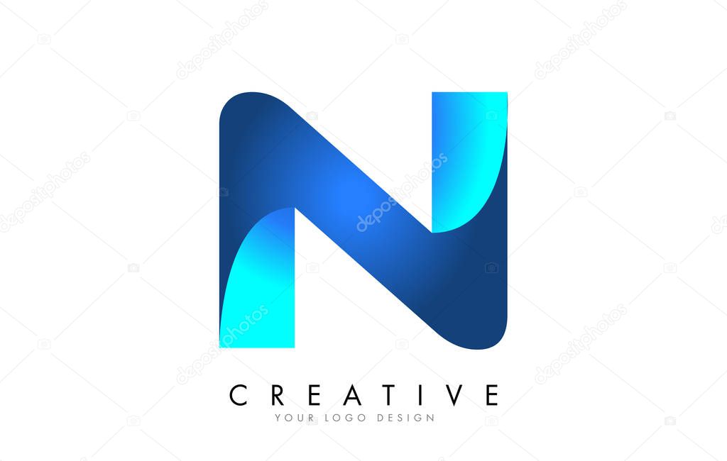 N Letter Logo Design with 3D and Ribbon Effect and Blue Gradient. Colorful rounded Letter.