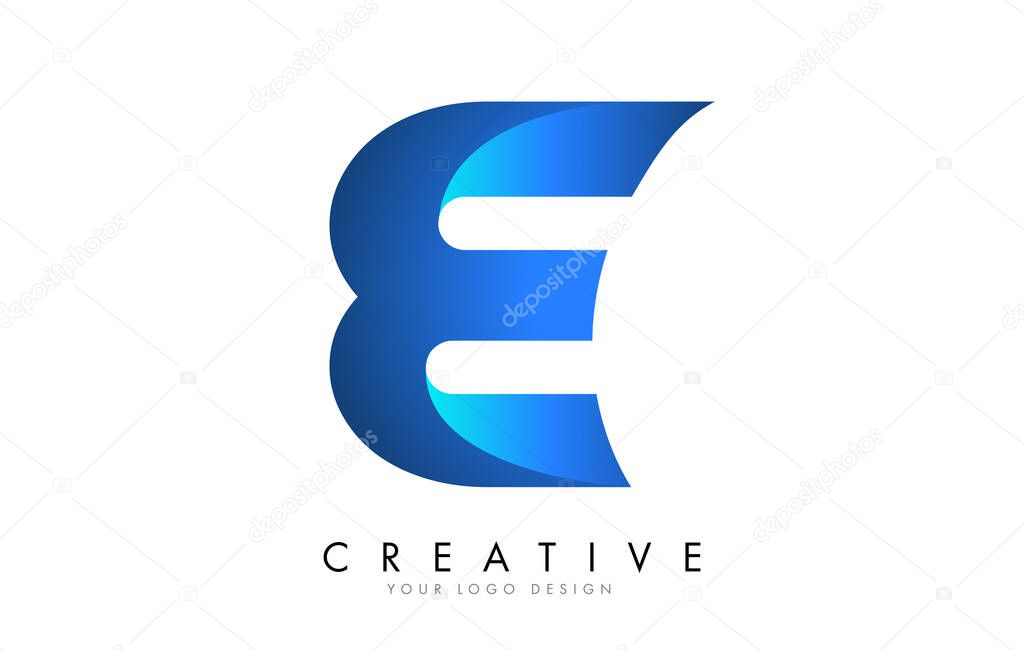 E Letter Logo Design with 3D and Ribbon Effect and Blue Gradient. Colorful rounded Letter.