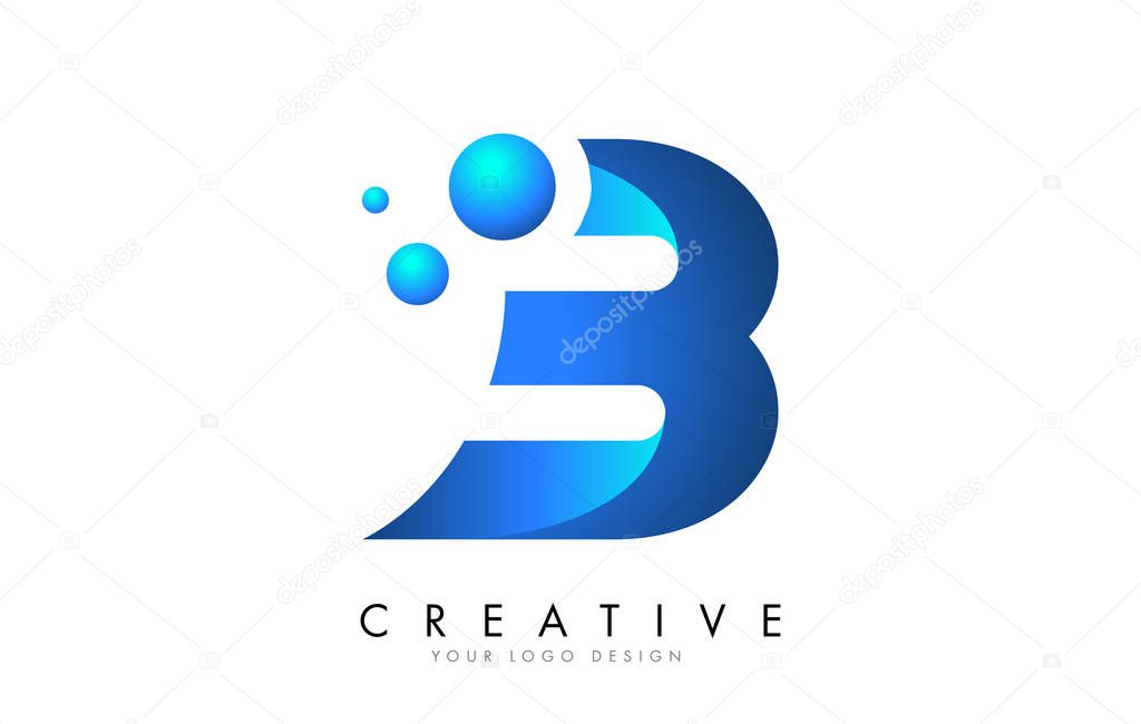 B Letter Logo Design with 3D and Ribbon Effect and Dots. Colorful rounded Letter with blue Gradient.