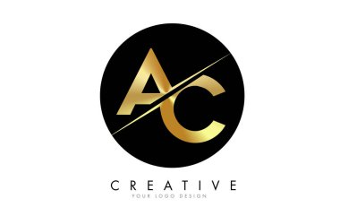 Yaratıcı Kesimli AC C Altın Harf Logosu Tasarımı. Siyah Çember Arkaplan ile yaratıcı logo tasarımı.