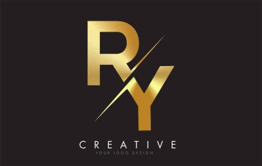 Ry R Y Altın Harf Logosu Tasarımı ve Yaratıcı Kesimi. Siyah Arkaplan ile yaratıcı logo tasarımı.