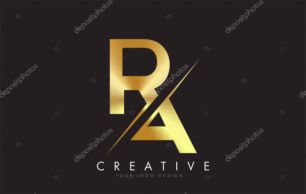 RA R A Golden Letter Logo Design with a Creative Cut. Creative logo design with Black Background.