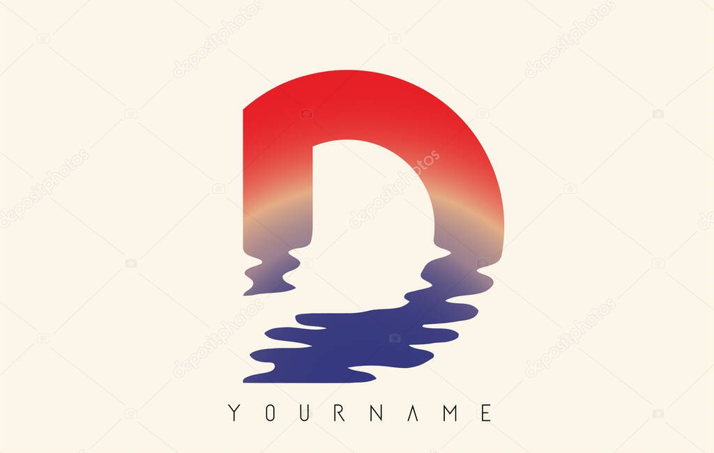 D Letter Logo Design with Water Effect and Sunset Gradient Vector Illustration.