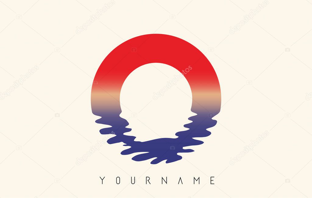 O Letter Logo Design with Water Effect and Sunset Gradient Vector Illustration.