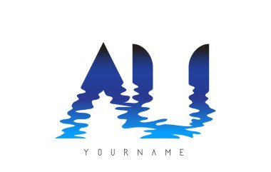 Au A U Letter Logo Tasarımı Su Efekti ve Derin Mavi Gradyan Vektör İllüstrasyonu.