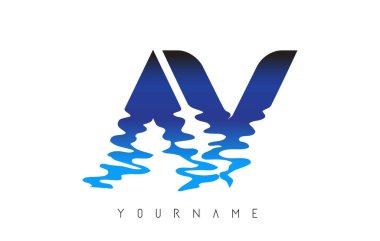Av A V Harf Logosu Tasarımı Su Efekti ve Derin Mavi Gradyan Vektör İllüstrasyonu.