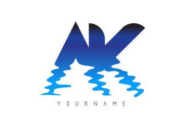 Ak A K Harf Logosu Tasarımı Su Efekti ve Derin Mavi Gradyan Vektör İllüstrasyonu.