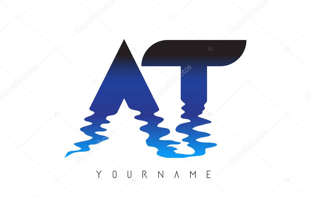 AT A T Letter Logo Design with Water Effect and Deep Blue Gradient Vector Illustration.