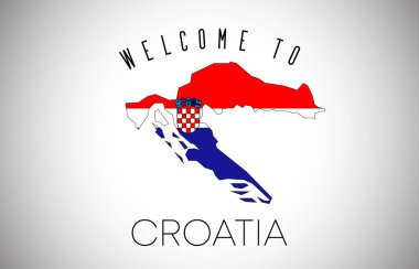 Hırvatistan Ülke Sınır Haritası İçinde Metin ve Ülke Bayrağına Hoş Geldiniz. Hırvatistan Ulusal Vector Design Illustration haritası.