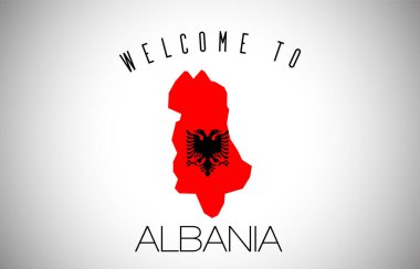 Arnavutluk Ülke Sınır Haritası İçinde Metin ve Ülke Bayrağına Hoş Geldiniz. Arnavutluk haritasında ulusal bayrak Vektör Tasarımı İllüstrasyonu.