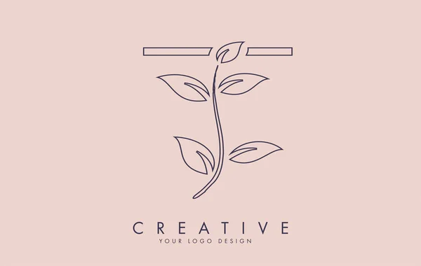 Контурна Листівка Дизайн Логотипу Листям Гілці Рожевому Тлі Літера Природою — стоковий вектор