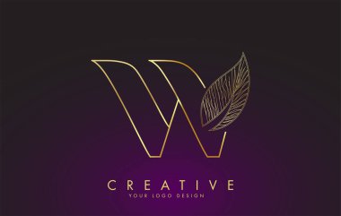 Kablolu Yaprak Tasarımı ile Altın Harf W logosu simgesi. Doğa kavramlı W harfi. Eko ve Organik Harf Vektörü İllüstrasyonu.