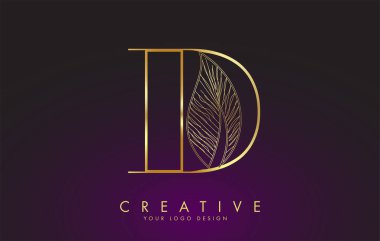 Kablolu Yaprak Tasarımı ile Altın Harf D logosu simgesi. Doğa konseptli D harfi. Eko ve Organik Harf Vektörü İllüstrasyonu.