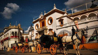 Seville, İspanya - 20 Şubat 2020 - İspanya 'nın Seville Şehir Merkezi' ndeki Plaza de Espana / İspanya Meydanı içindeki güzel pavyon binalarının Mavi Saati.