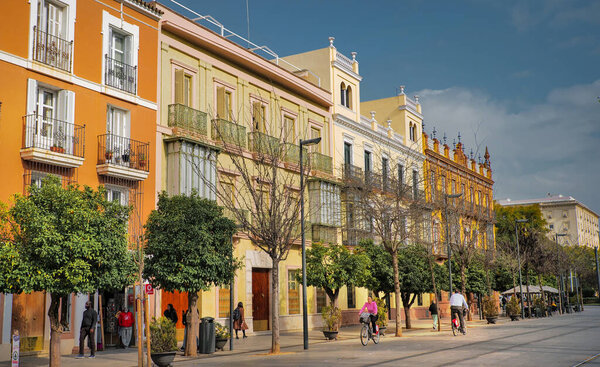 Seville, Spain - February 8th, 2020 - Beautiful and Colorful Architectural Buildings in a sunny day in Seville Spain City Center.