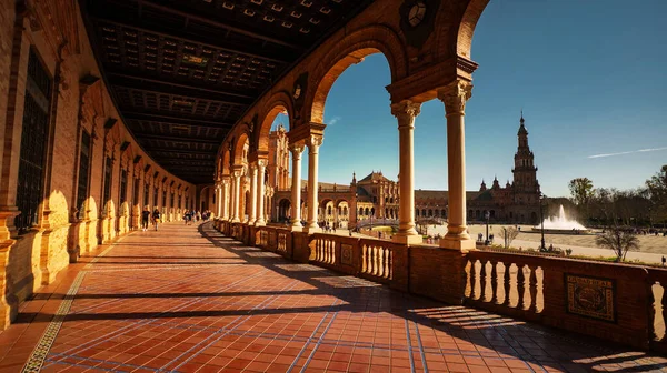 Sewilla Hiszpania Lutego 2020 Blue Hour Beautiful Pavilion Buildings Plaza — Zdjęcie stockowe