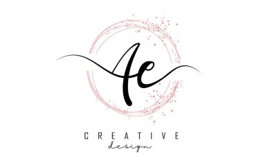 El yazısıyla AE, üzerinde toz pembe daireler ve simler olan bir logo. A ve E harfleriyle dekoratif parlak vektör çizimi.