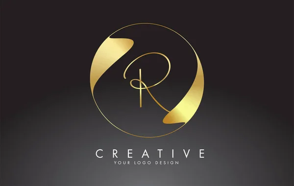 黄金のエレガントなデザインと黄金の波のサークルと初期R手書きの手紙のロゴ — ストックベクタ