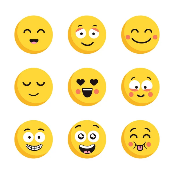 Conjunto de emoticons amarelos felizes. Engraçado desenhos animados faces planas isolado no fundo branco . — Vetor de Stock