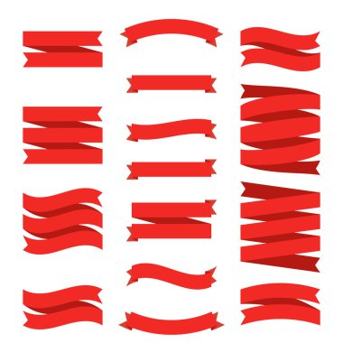 Kırmızı kurdele düz afiş ayarlayın. Beyaz arka plan üzerinde izole sigorta primi dekoratif öğeler. Şablon koleksiyonu etiketleri