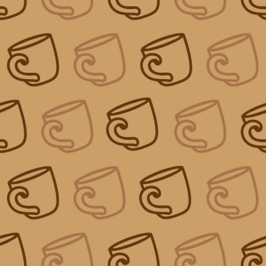 Kahverengi bir arka plan üzerinde kupa kahve ile Seamless modeli. Kahve ya da çay bardak içme illüstrasyon.