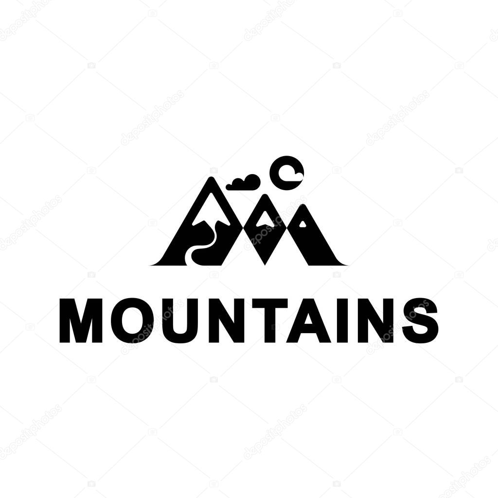 Vector mountains with sun and cloud. Mountains with river illustration. Logo hills template