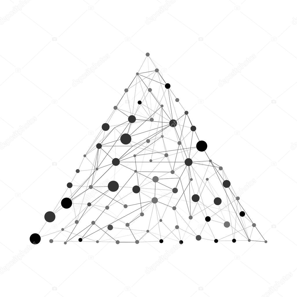 Vector pyramid with dots and lines. Wireframe architecture for technical, science concept design. Flat triangle abstract illustration.