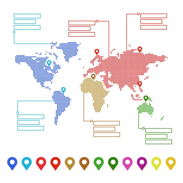 Mapa mundial punteado con marcas de puntero y lugares de texto. Concepto para su diseño . — Vector de stock