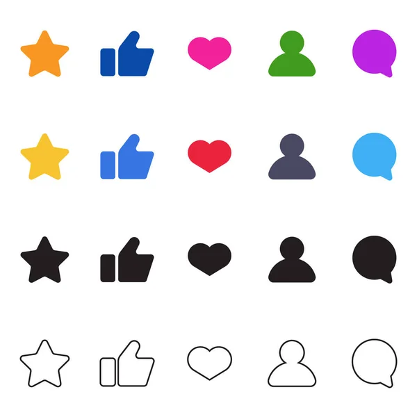 Conjunto de ícones de rede social. Símbolos de seguidores e comentários. Ícones de estilos diferentes. Plana, contorno, ícones preenchidos . —  Vetores de Stock